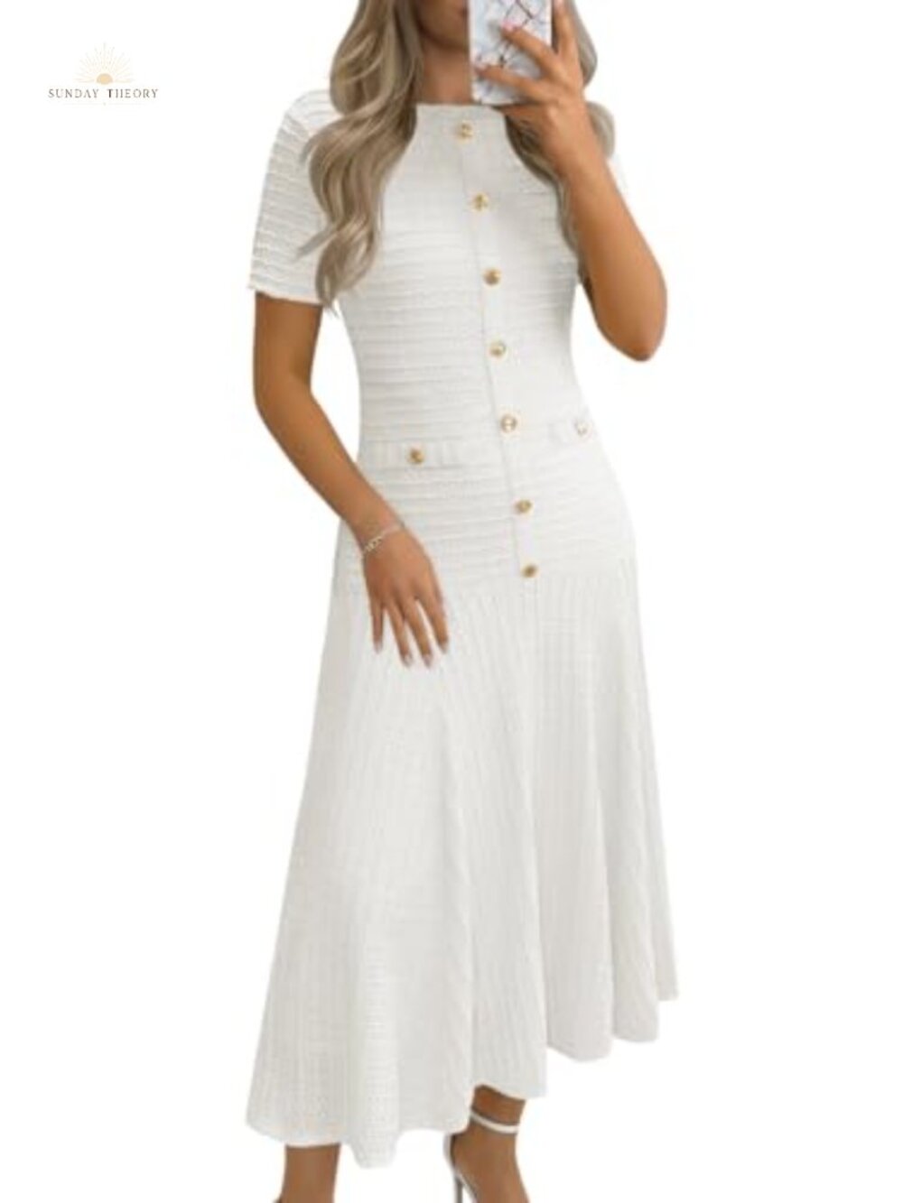 Womens Midi Dress Textured A-Line Short Sleeve Casual Summer